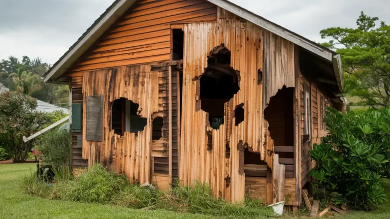 A photo of a wooden house with severe termite damage. There are large holes in the wooden panels, and the wood is discolored and weak. The house is in a suburban area with lush greenery. The sky is overcast.