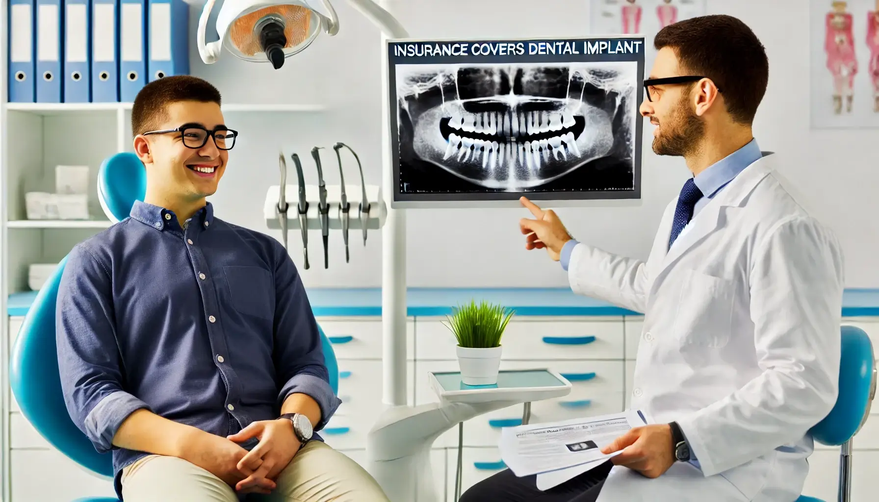 In a modern, brightly lit dental clinic, a patient sits comfortably on a dentist's chair with a relieved smile. Beside them stands a dentist wearing a white coat and glasses, pointing to a screen displaying an X-ray image of a dental implant. On a nearby table, there are open insurance documents featuring an insurance company logo and a clear phrase that reads "Insurance Covers Dental Implants." The background is filled with details that reflect an atmosphere of trust and professionalism, such as neatly arranged dental instruments and small green plants adding a touch of comfort