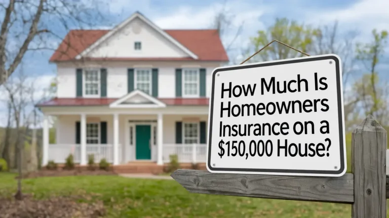 A photo of a house with a sign in front that says "How Much is Homeowners Insurance on a $150,000 House?". The house is a two-story structure with a white exterior, a green door, and a red roof. The sign is placed on a wooden post and has a black text on a white background. The background is a serene landscape with trees and a clear sky.