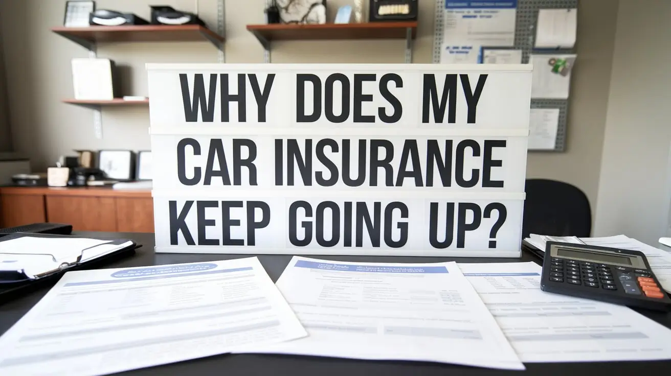 A photo of a car insurance agent's office with a large sign that reads, "Why Does My Car Insurance Keep Going Up?" There are various car insurance documents and a calculator on the desk. The background contains a wall with shelves holding insurance-related items.