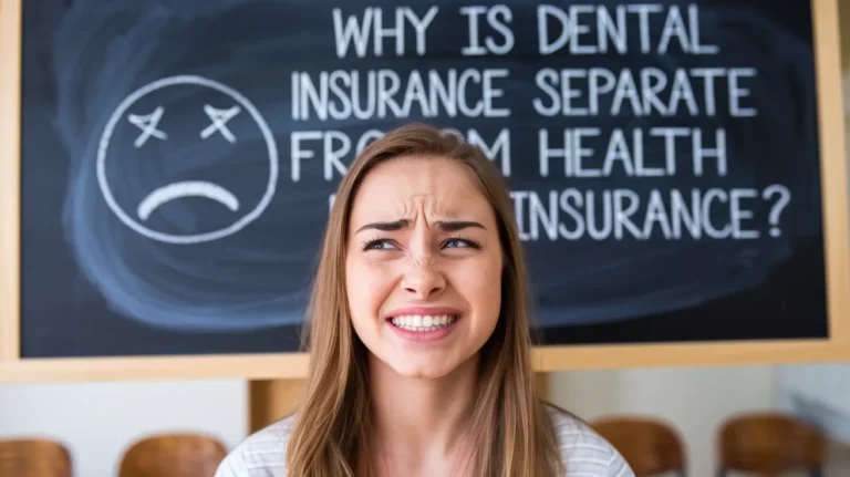 A medium shot of a sad young woman with bright white teeth. She is standing in front of a chalkboard with the text "Why is dental insurance separate from health insurance?". A sad face is drawn above the text. The background is a room with a few chairs.