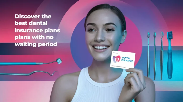 A modern design image of a smiling woman with a bright white smile. She is holding a dental insurance card. The woman is standing in front of a wall with the text "Discover the best dental insurance plans with no waiting period". The background has a gradient of pink, purple, and blue. There are also dental tools and a toothbrush on the wall.