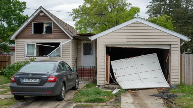 A photo of a house with a broken window and a damaged garage door. There's a car in the driveway. The background contains trees and a fence.