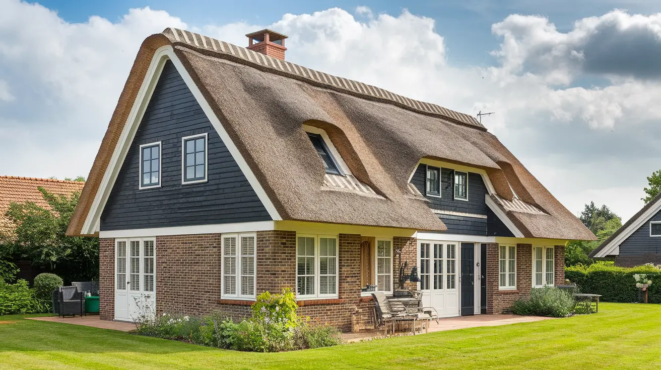 A photo of a house with a thatched roof. A thatched roof is made of plant material, typically straw. This type of roof is not common in many places, and may affect the homeowners insurance premium.